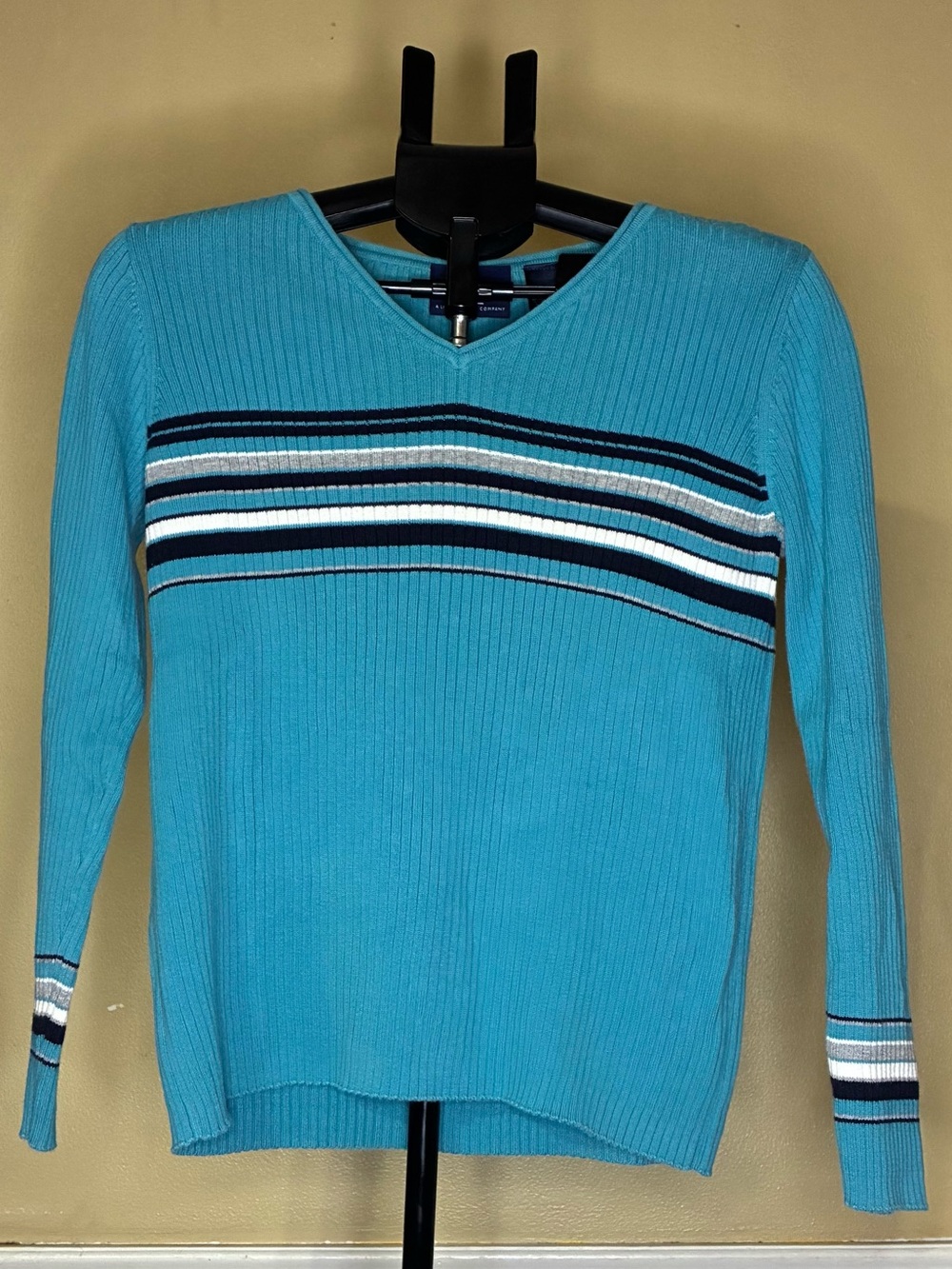 Turquoise Ribbed V-Neck Sweater with Navy & White Stripe Detail